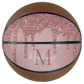 Girly Glam Rose Gold Dripping Glitter Monogram Basketball