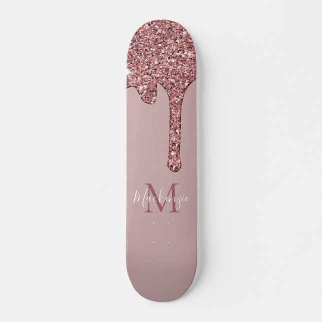 Girly Glam Rose Gold Dripping Glitter Monogram Skateboard (Front)