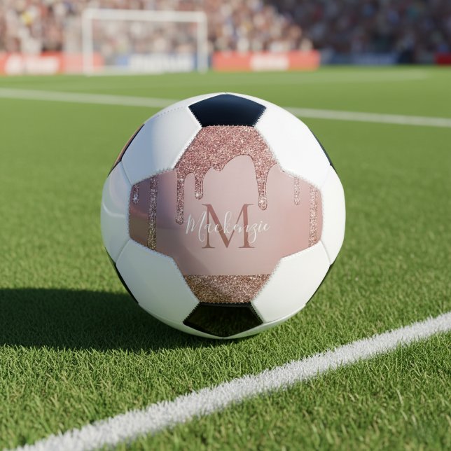 Girly Glam Rose Gold Dripping Glitter Monogram Soccer Ball (Girly Glam Rose Gold Dripping Glitter Monogram Soccer Ball)