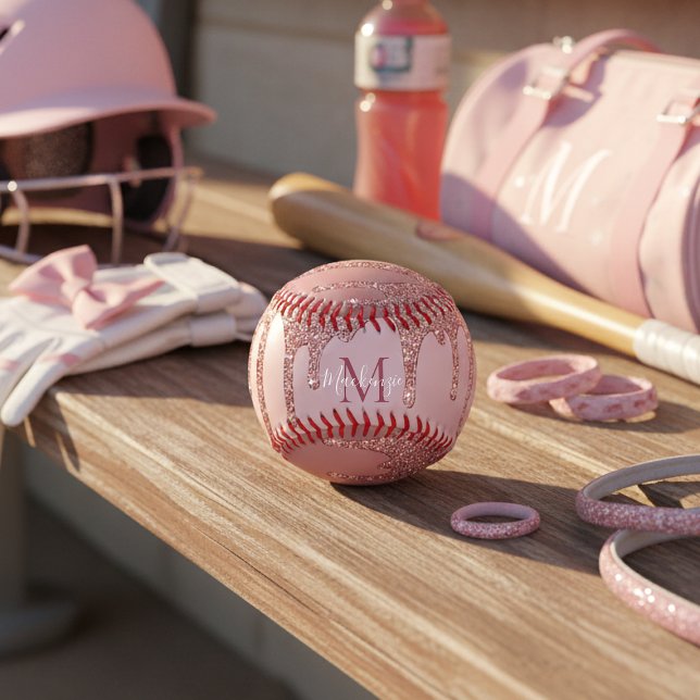 Girly Glam Rose Gold Dripping Glitter Monogram Softball (Girly Glam Rose Gold Dripping Glitter Monogram Softball)