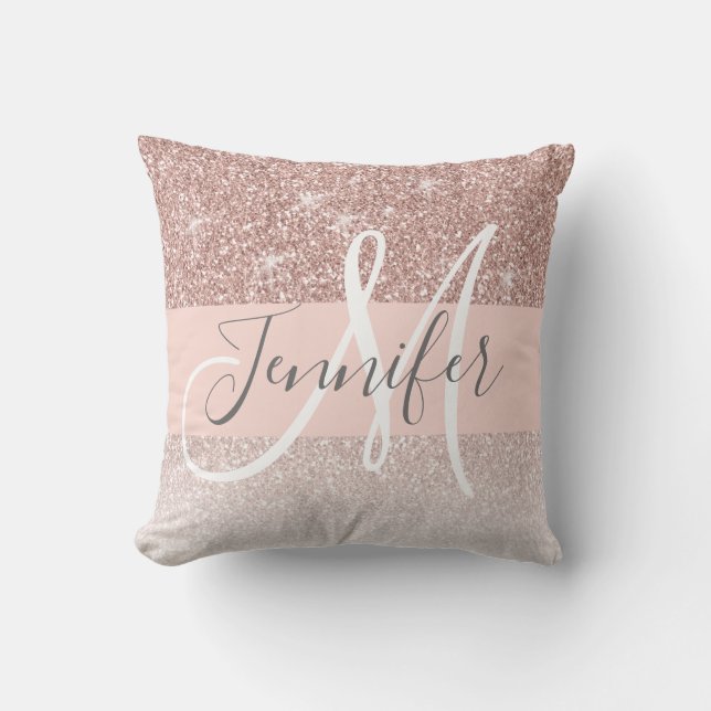 Girly Glam Rose Gold Glitter Blush Monogram Name Throw Pillow (Front)