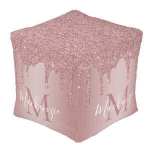 Girly Glam Rose Gold Glitter Drips Monogram Pouf