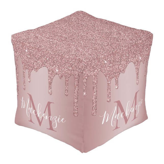 Girly Glam Rose Gold Glitter Drips Monogram Pouf (Angled Back)