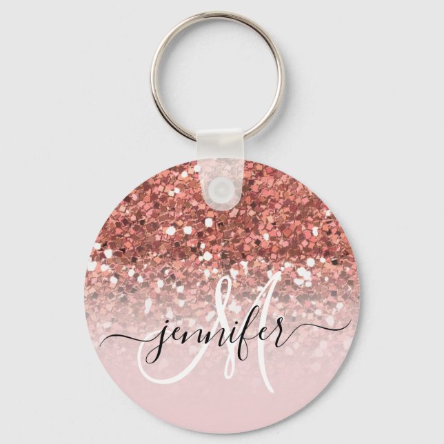 Girly Glam Rose Gold Glitter Luxury Monogram Name Keychain (Front)