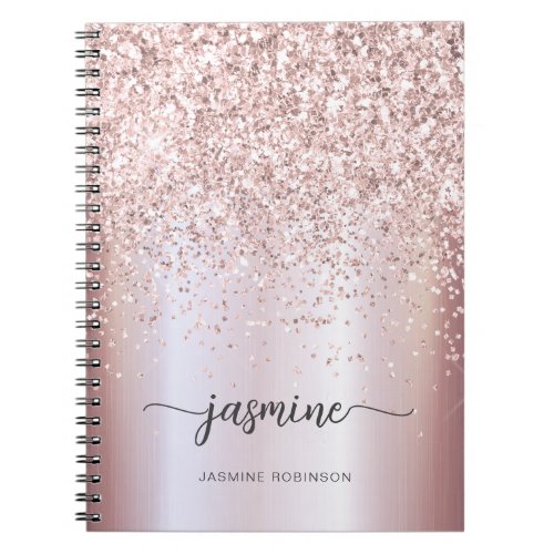 Girly Glam Rose Gold Glitter Monogram Name Script Notebook