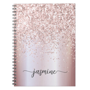 Girly Glam Rose Gold Glitter Monogram Name Script  Notebook