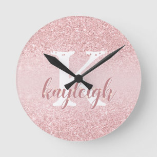 Girly Glam Rose Gold Glitter Monogram Sparkle Name Round Clock