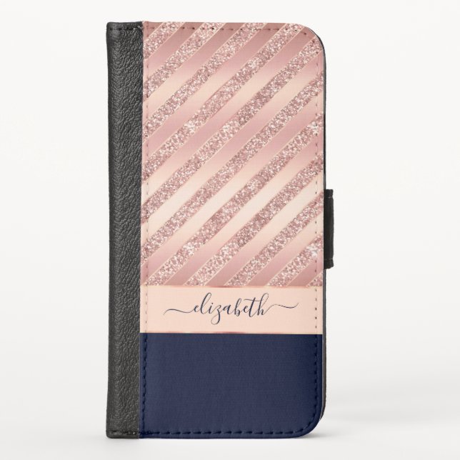 Girly Glam Rose Gold Glitter Navy Personalized iPhone Wallet Case (Front)