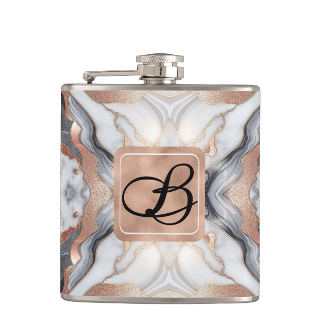 Girly Glam Rose Gold Silver & White Marble  Flask (Front)