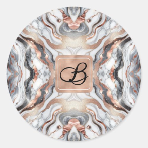 Girly Glam Rose Gold Silver  White Marble Initial Classic Round Sticker