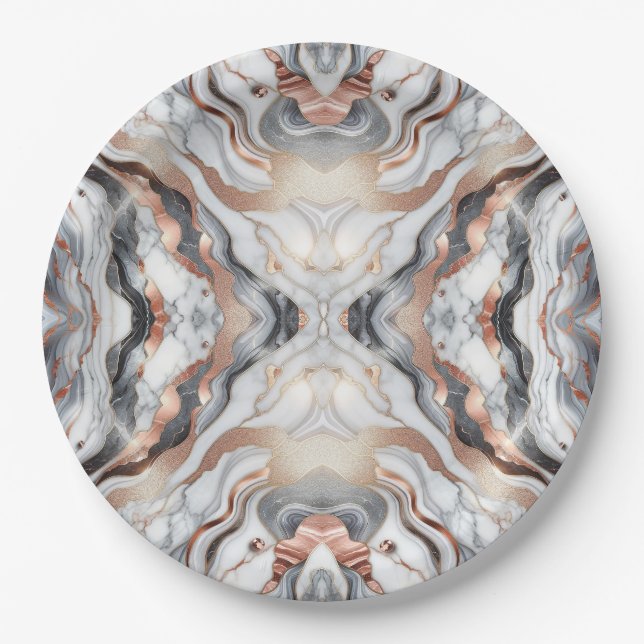 Girly Glam Rose Gold Silver & White Marble  Paper Plates (Front)