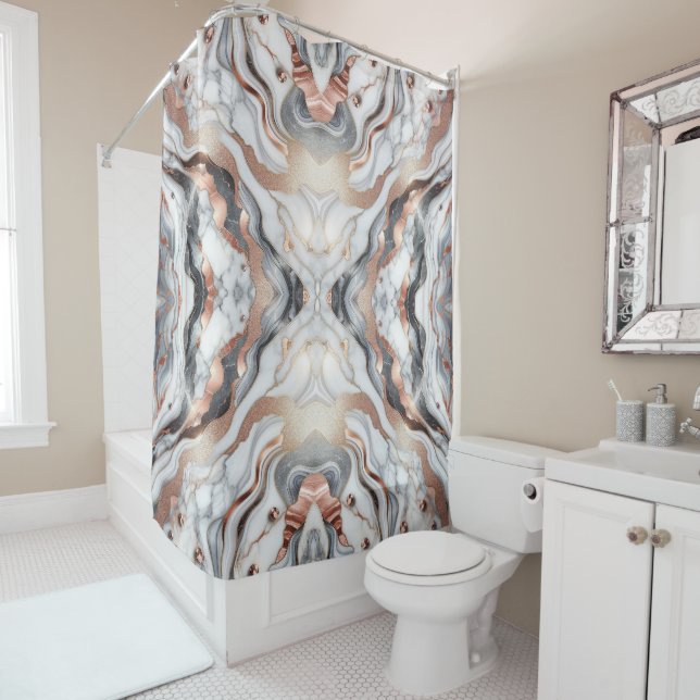 Girly Glam Rose Gold Silver & White Marble  Shower Curtain (In Situ)