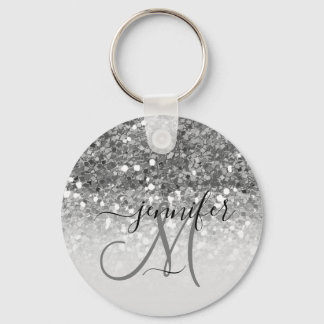 Girly Glam Silver Glitter Luxury Monogram Name Keychain