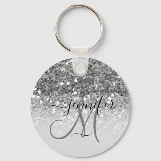 Girly Glam Silver Glitter Luxury Monogram Name Keychain (Front)