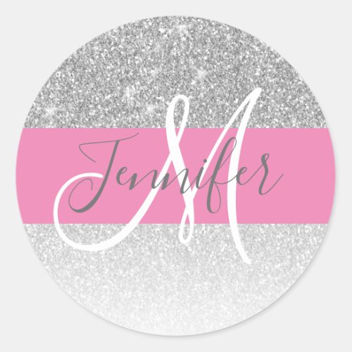 Girly Glam Silver Glitter Pink Monogram Name Classic Round Sticker