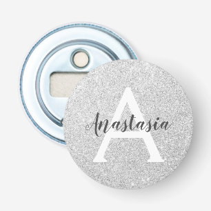 Girly Glam Silver Glitter Sparkles Monogram Name Bottle Opener