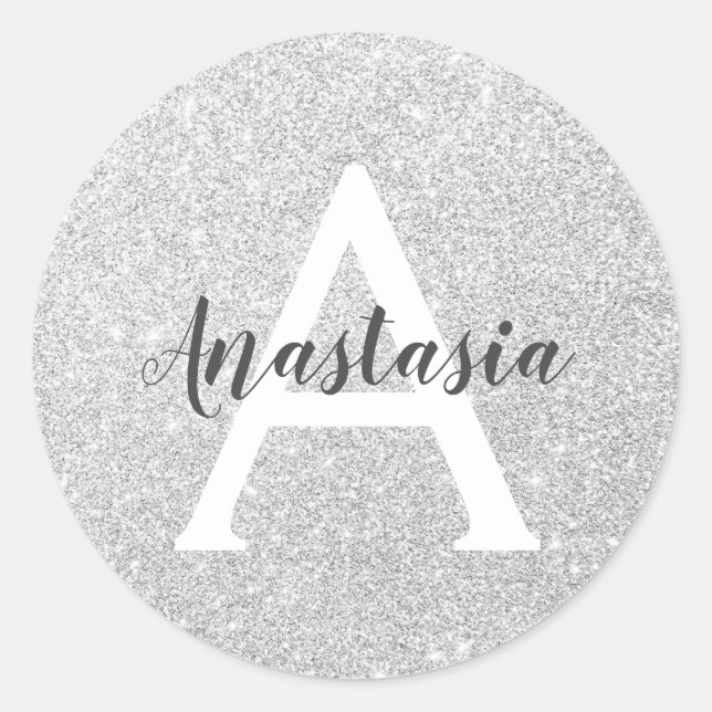 Girly Glam Silver Glitter Sparkles Monogram Name Classic Round Sticker (Front)