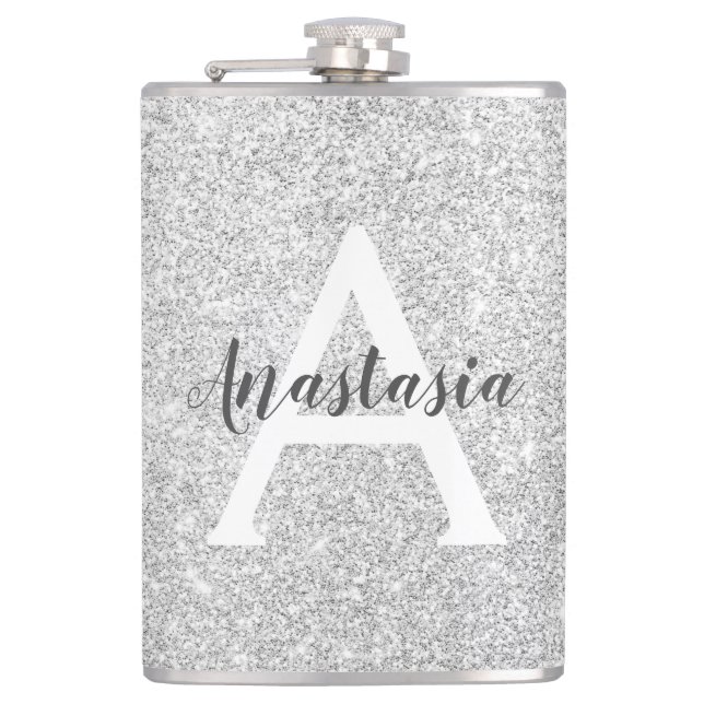 Girly Glam Silver Glitter Sparkles Monogram Name Flask (Front)
