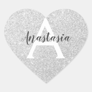 Girly Glam Silver Glitter Sparkles Monogram Name Heart Sticker