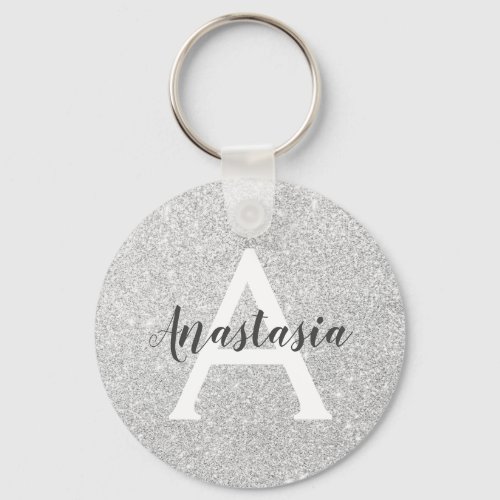 Girly Glam Silver Glitter Sparkles Monogram Name Keychain