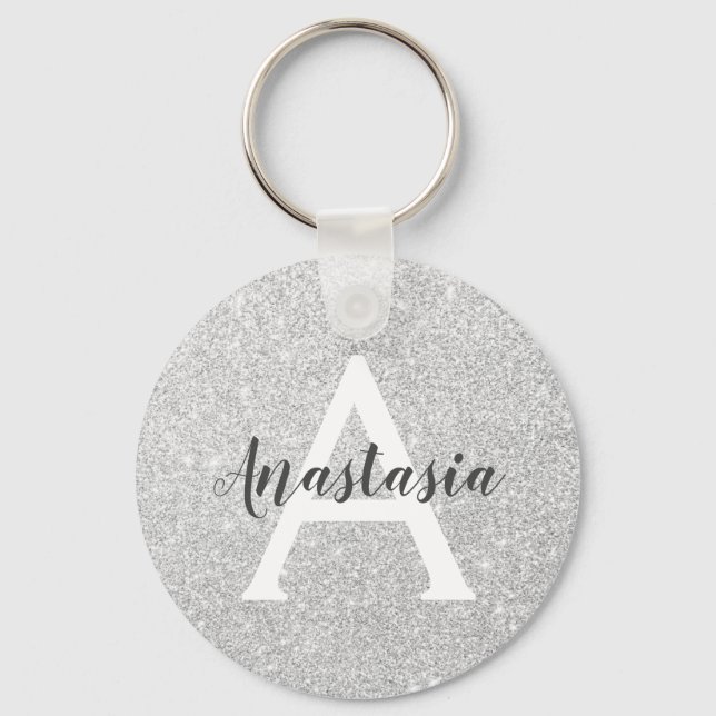 Girly Glam Silver Glitter Sparkles Monogram Name Keychain (Front)