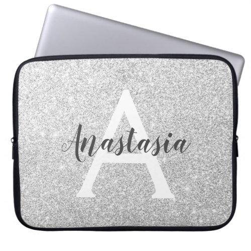 Girly Glam Silver Glitter Sparkles Monogram Name Laptop Sleeve