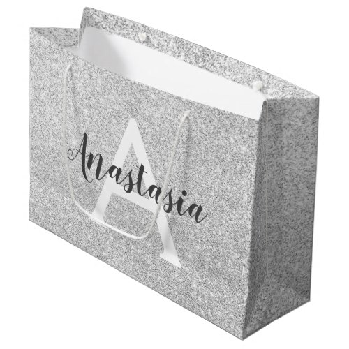 Girly Glam Silver Glitter Sparkles Monogram Name Large Gift Bag