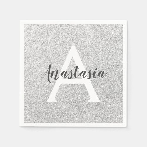 Girly Glam Silver Glitter Sparkles Monogram Name Napkins