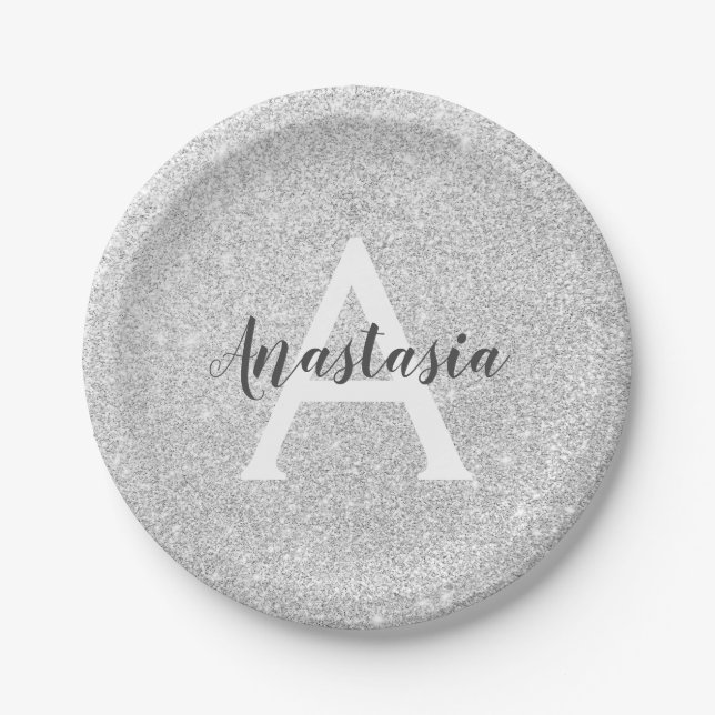 Girly Glam Silver Glitter Sparkles Monogram Name Paper Plates (Front)