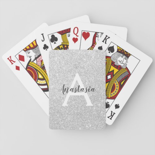 Girly Glam Silver Glitter Sparkles Monogram Name Poker Cards