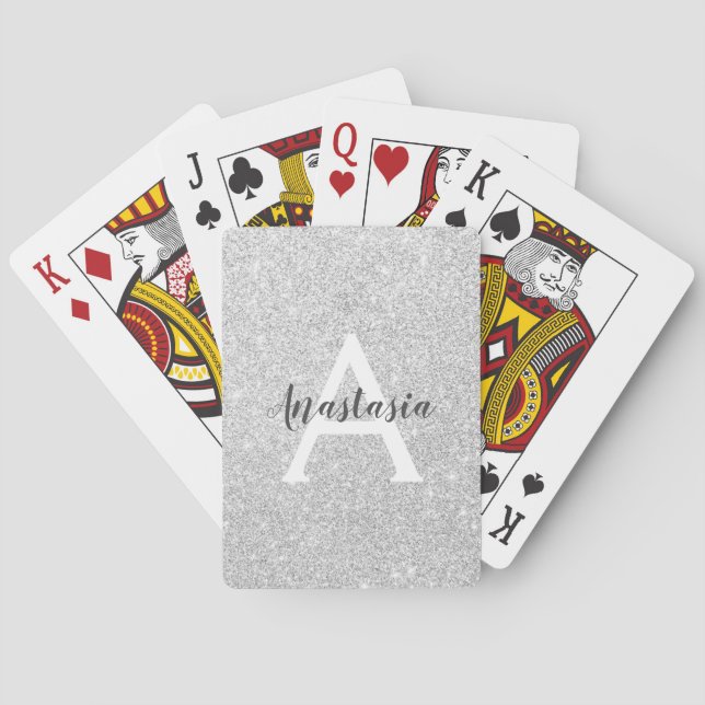 Girly Glam Silver Glitter Sparkles Monogram Name Poker Cards (Back)