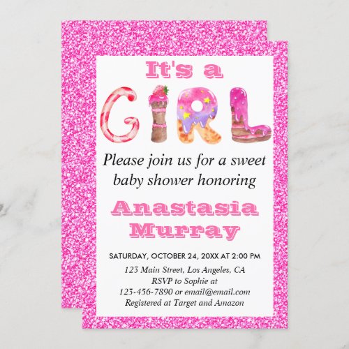 Girly Glam Sweet Hot Pink Glitter Girl Baby Shower Invitation