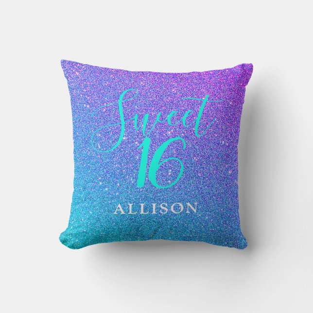 Girly Glam Teal Purple Glitter Sweet 16 Monogram Throw Pillow (Front)