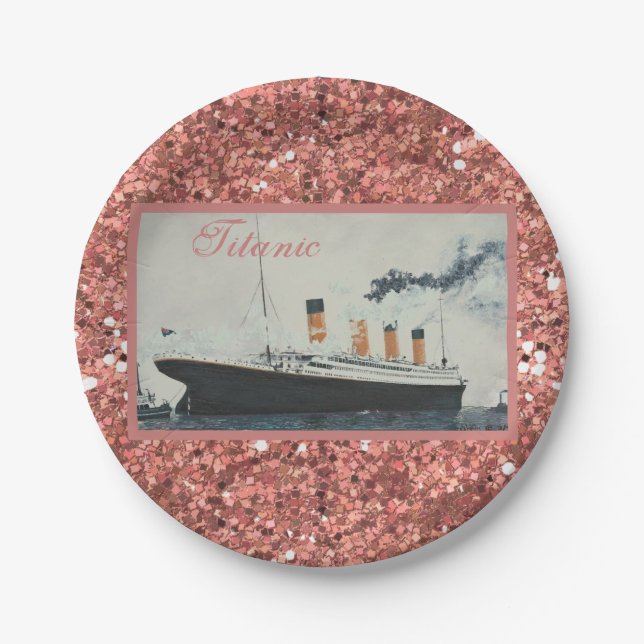 Girly Glam Titanic Rose Gold Glitter Paper Plates (Front)