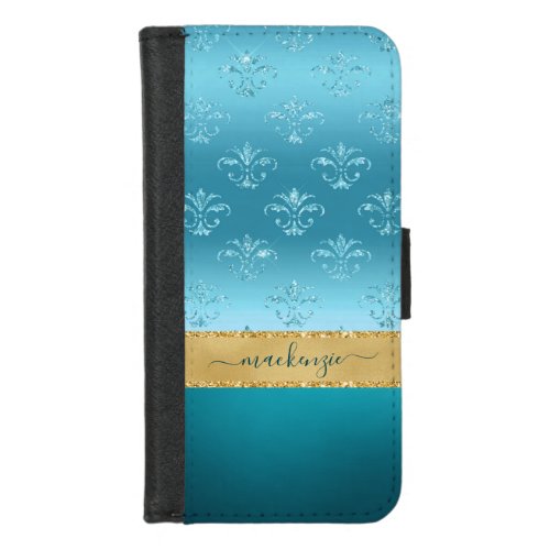 Girly Glam Turquoise and Gold Glitter Personalized iPhone 87 Wallet Case