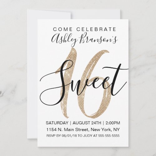 Girly Glam White Faux Gold Sequin Glitter Sweet 16 Invitation