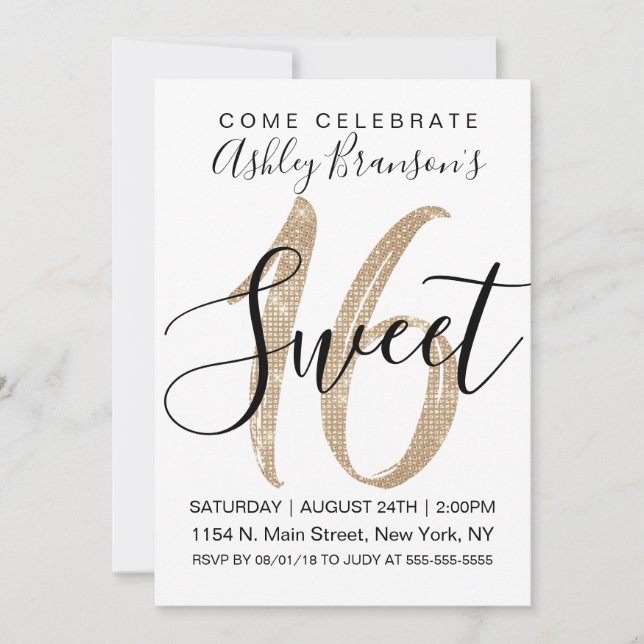 Girly Glam White Faux Gold Sequin Glitter Sweet 16 Invitation (Front)