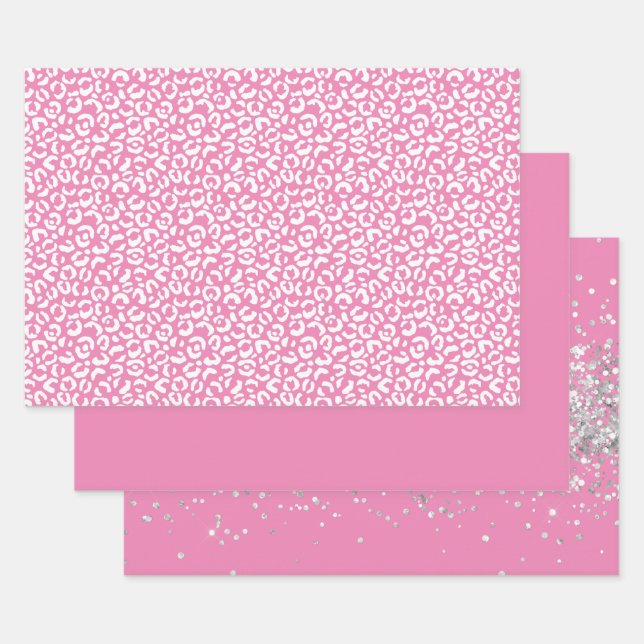 Girly Glam White Pink Leopard Print Wrapping Paper Sheets (Set)