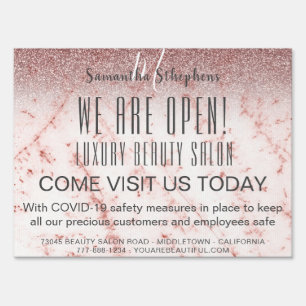 Girly Glamor Glittery We Are Open Salon COVID SAFE Sign