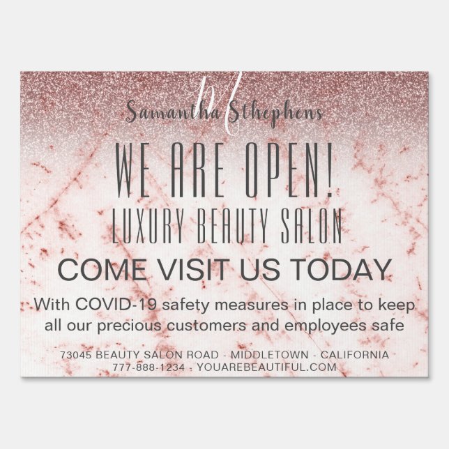 Girly Glamor Glittery We Are Open Salon COVID SAFE Sign (Front)