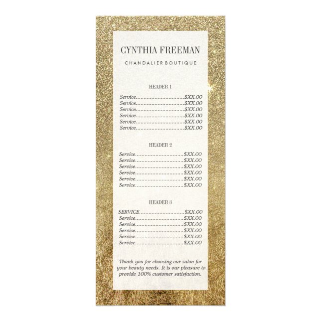 Girly Glamorous Gold Foil and Glitter Mesh Rack Card (Front)