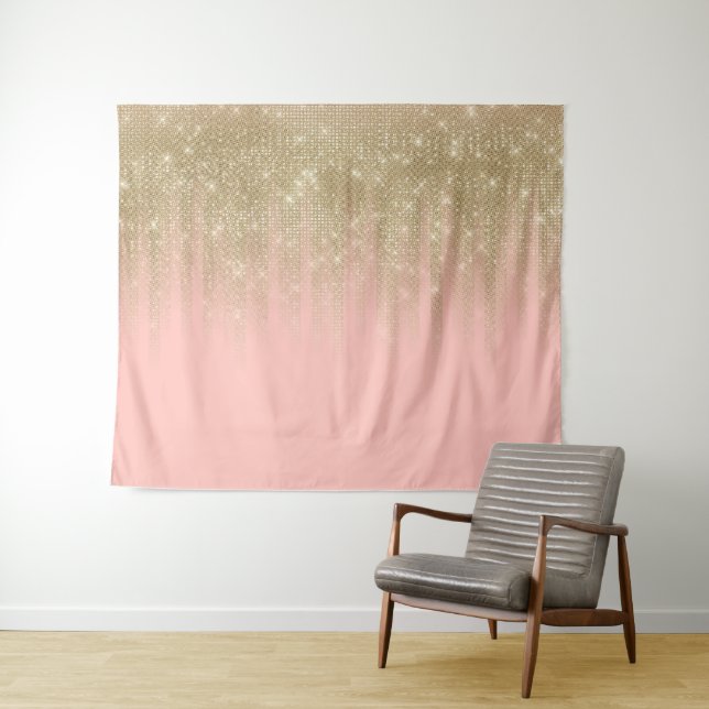 Girly Glamorous Pink Gold Glitter Striped Gradient Tapestry (In Situ (Horizontal))