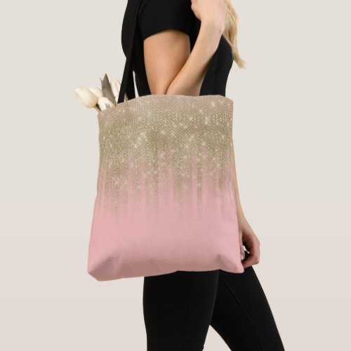 Girly Glamorous Pink Gold Glitter Striped Gradient Tote Bag