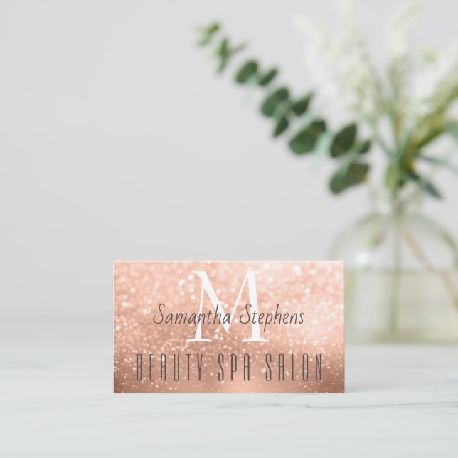 Girly Glamorous Rose Gold Glitter Hair SPA Salon Business Card (Standing Front)