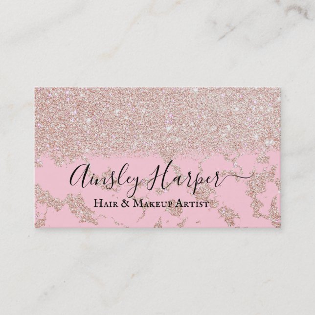 Girly Glamorous Rose Gold Glitter Marble Gradient Business Card (Front)