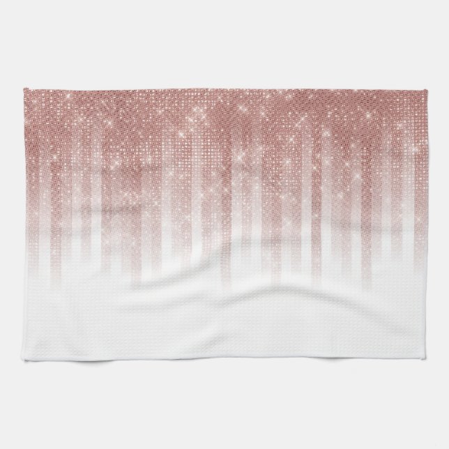 Girly Glamorous Rose Gold Glitter Striped Gradient Kitchen Towel (Horizontal)