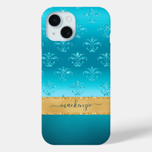 Girly Glitter Blue Gold Glam Metallic Personalized iPhone 15 Case