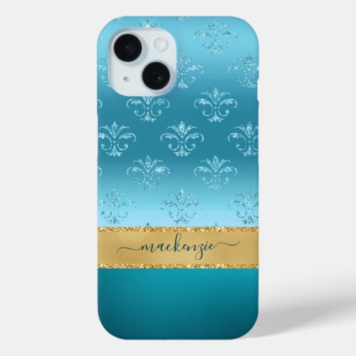 Girly Glitter Blue Gold Glam Metallic Personalized iPhone 15 Case