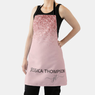 Girly Glitter Blush Pink Simple Monogram Name  Apron