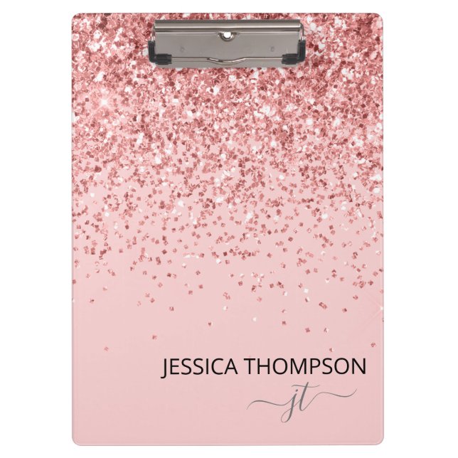 Girly Glitter Blush Pink Simple Monogram Name  Clipboard (Front)